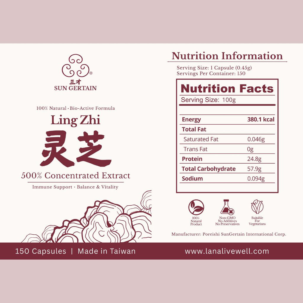 Nutrition label for Ling Zhi extract capsules with branding and product details.