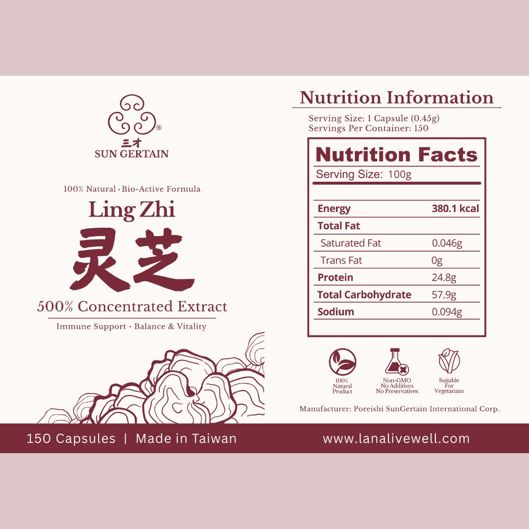 Nutrition label for Ling Zhi extract capsules with branding and product details.