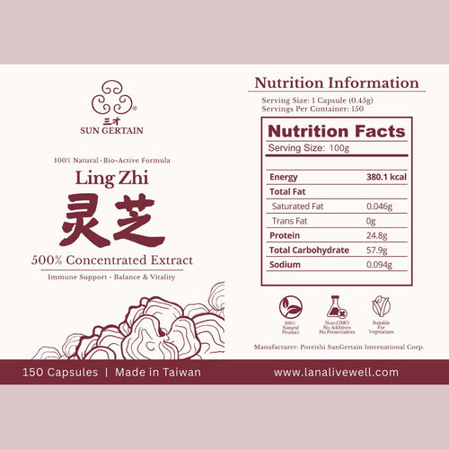 Nutrition label for Ling Zhi extract capsules with branding and product details.