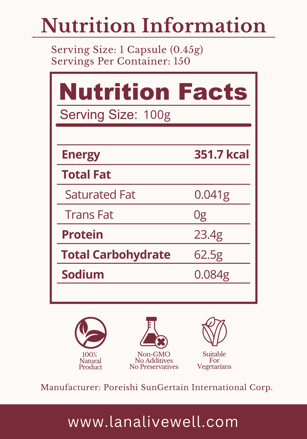 Nutrition facts for Yun Zhi with serving size, energy content, and other nutritional details.