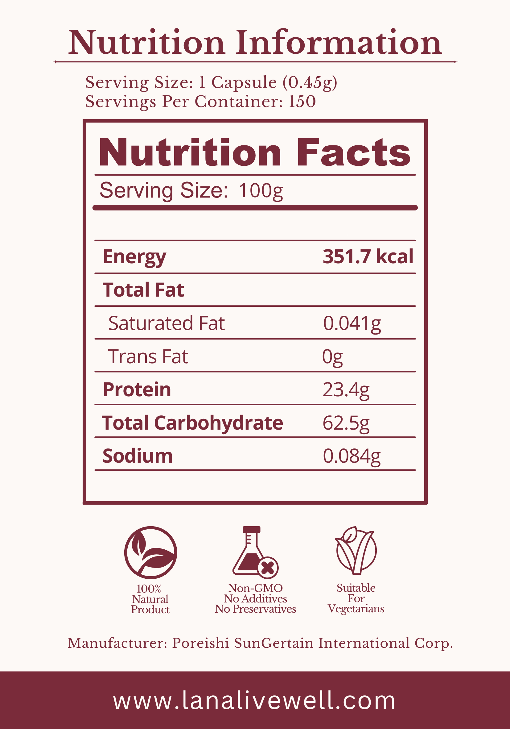 Nutrition facts for Yun Zhi with serving size, energy content, and other nutritional details.